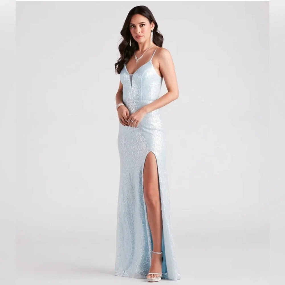 Windsor Lizza Formal Sequin Slit Long Dress in Light Blue Prom Bridesmaid